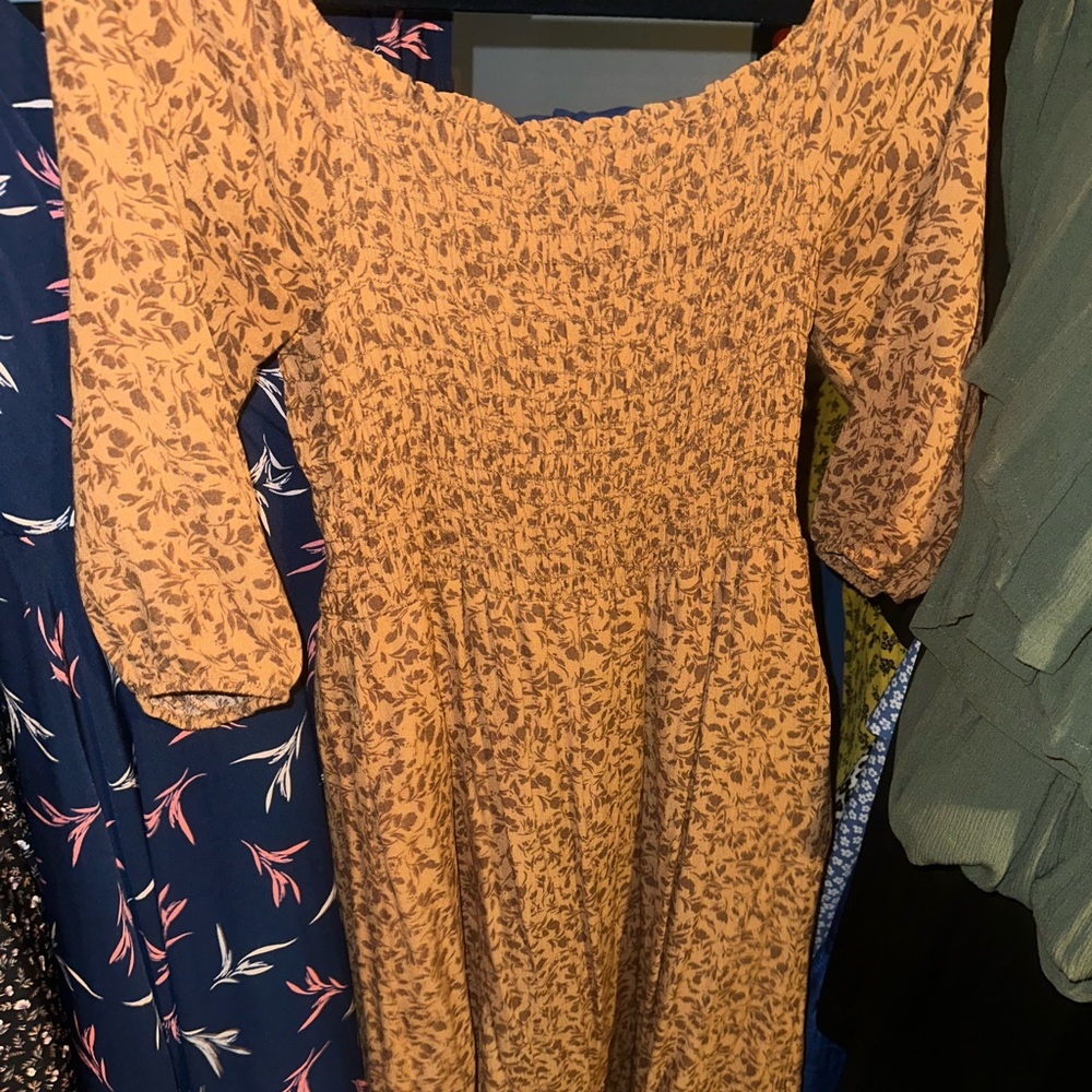 Elegant Floral Long Sleeve Dress in Mustard